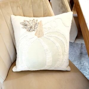 Neutral Fall Pumpkin Pillow Emroidered With Beading And Velvet 16x16" w/Insert